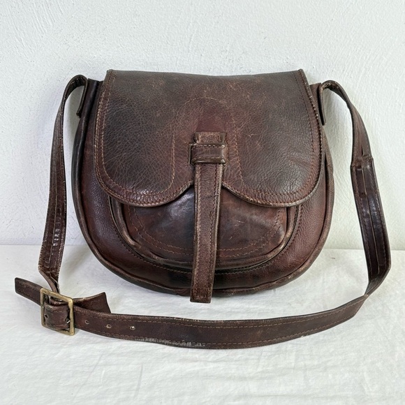 Vintage Handbags - Vintage artisan handmade boho minimalist distressed genuine leather shoulder bag